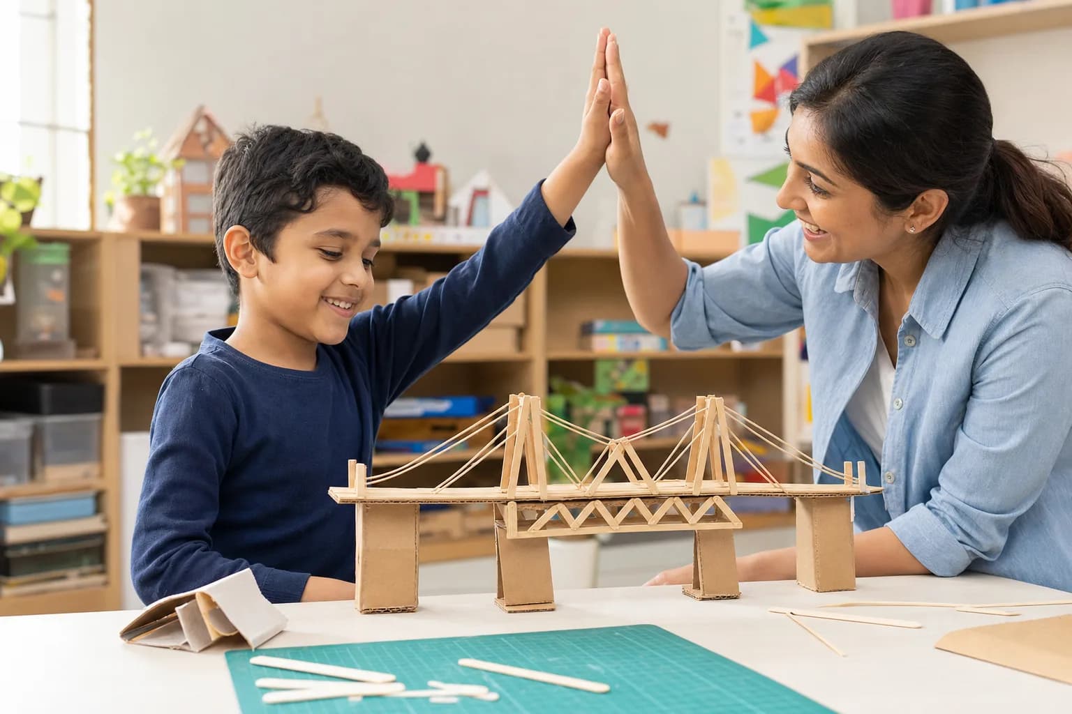 An educator and child celebrating a finished bridge model with a high-five